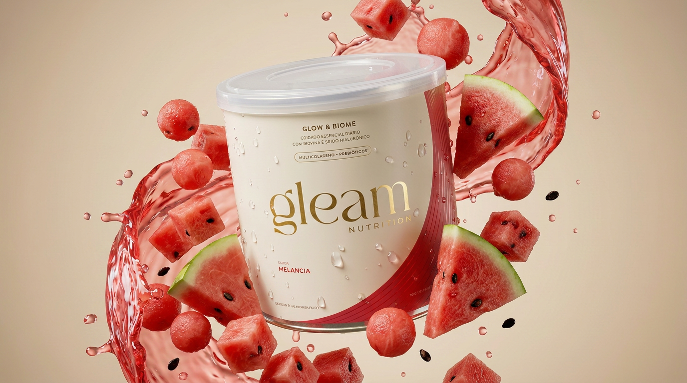 Pote de Gleam Glow & Biome sabor melancia com fatias e respingos de melancia